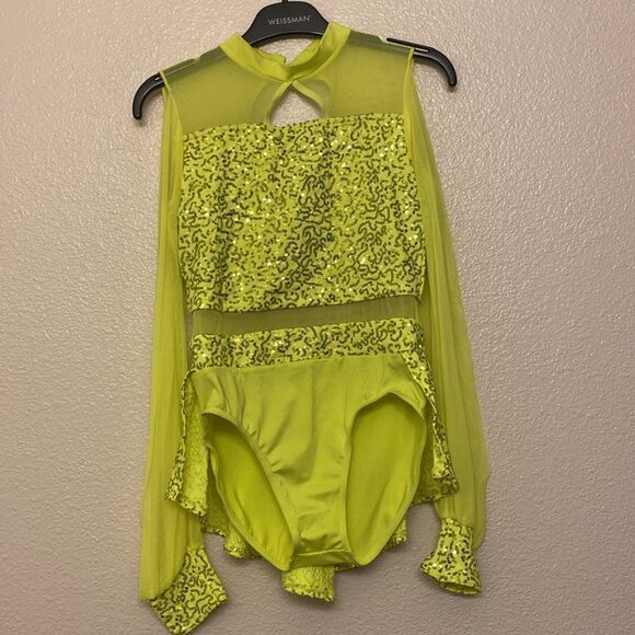 WEISSMAN Dance Costume Poet neon yellow sequin All I Am 11714 LC-large child - Picture 2 of 11